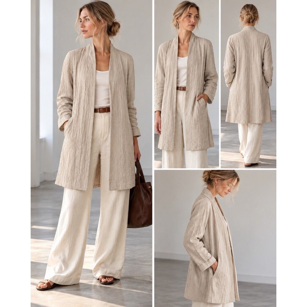 Eileen Fisher 100% Silk Textured Long Duster Coat Jacket Open Front Beige M